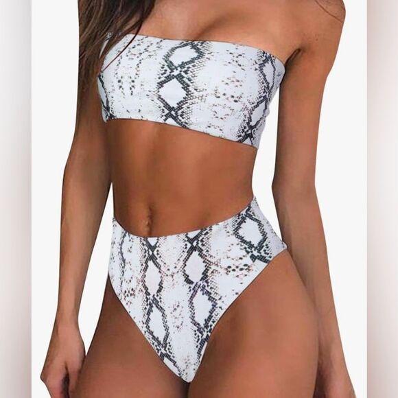 RUUHEE Women Bandeau High Waisted Two Piece Swimsuits Bikini Set High Cut Small - Picture 1 of 6